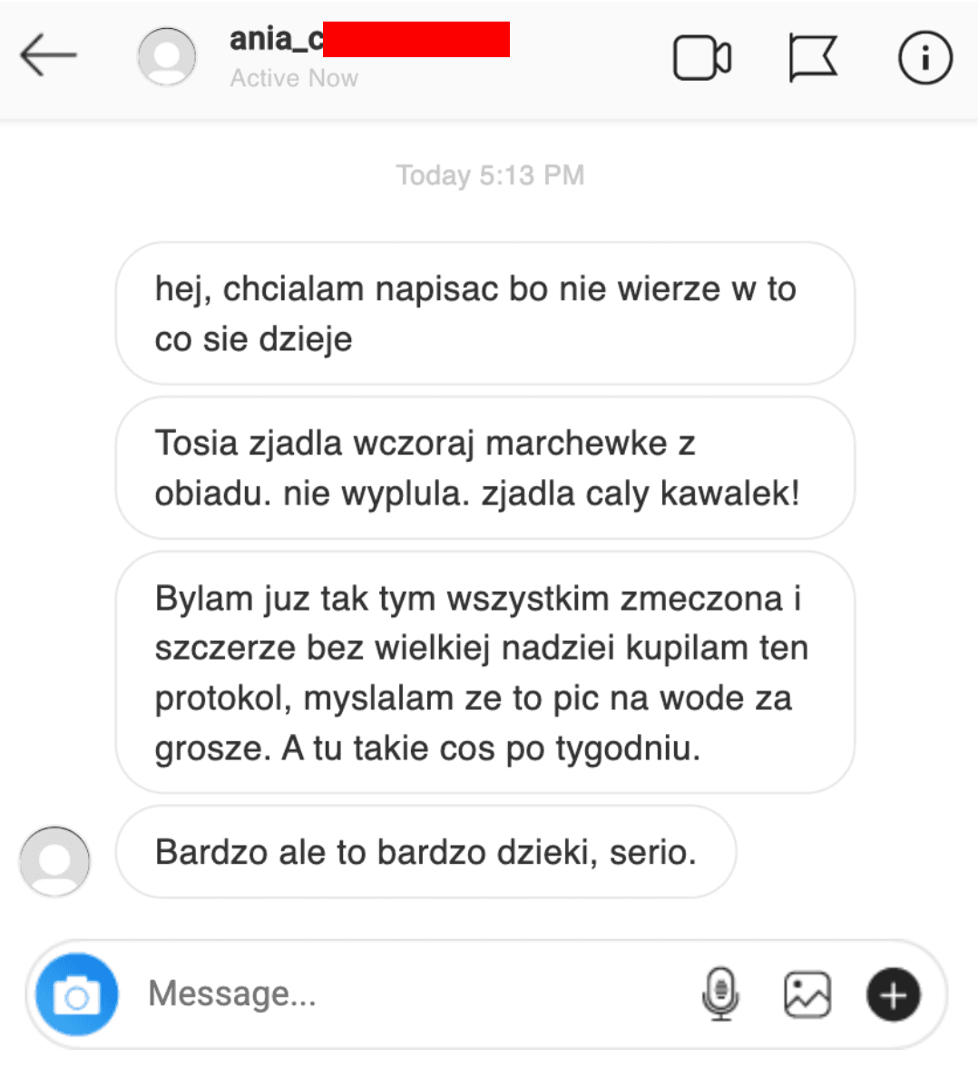Wiadomość od ania_c po pierwszym tygodniu protokołu — córka zjadła marchewkę