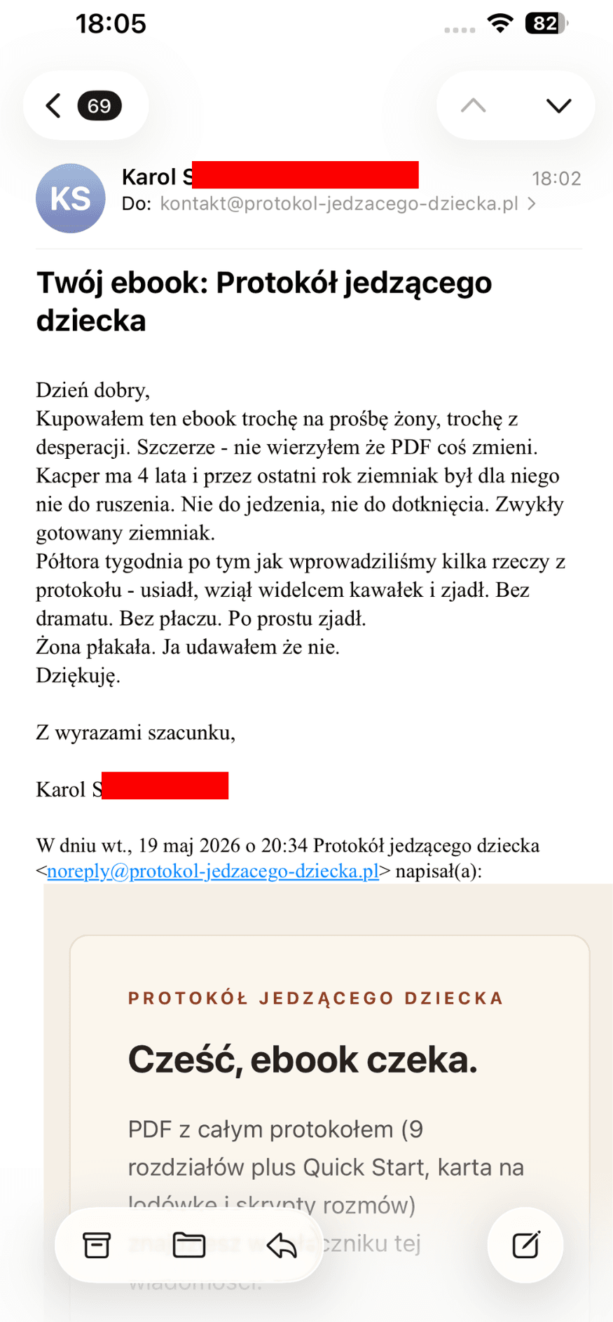 Email od Karola, taty Kacpra — kupował z desperacji, dziś syn zjada ziemniak