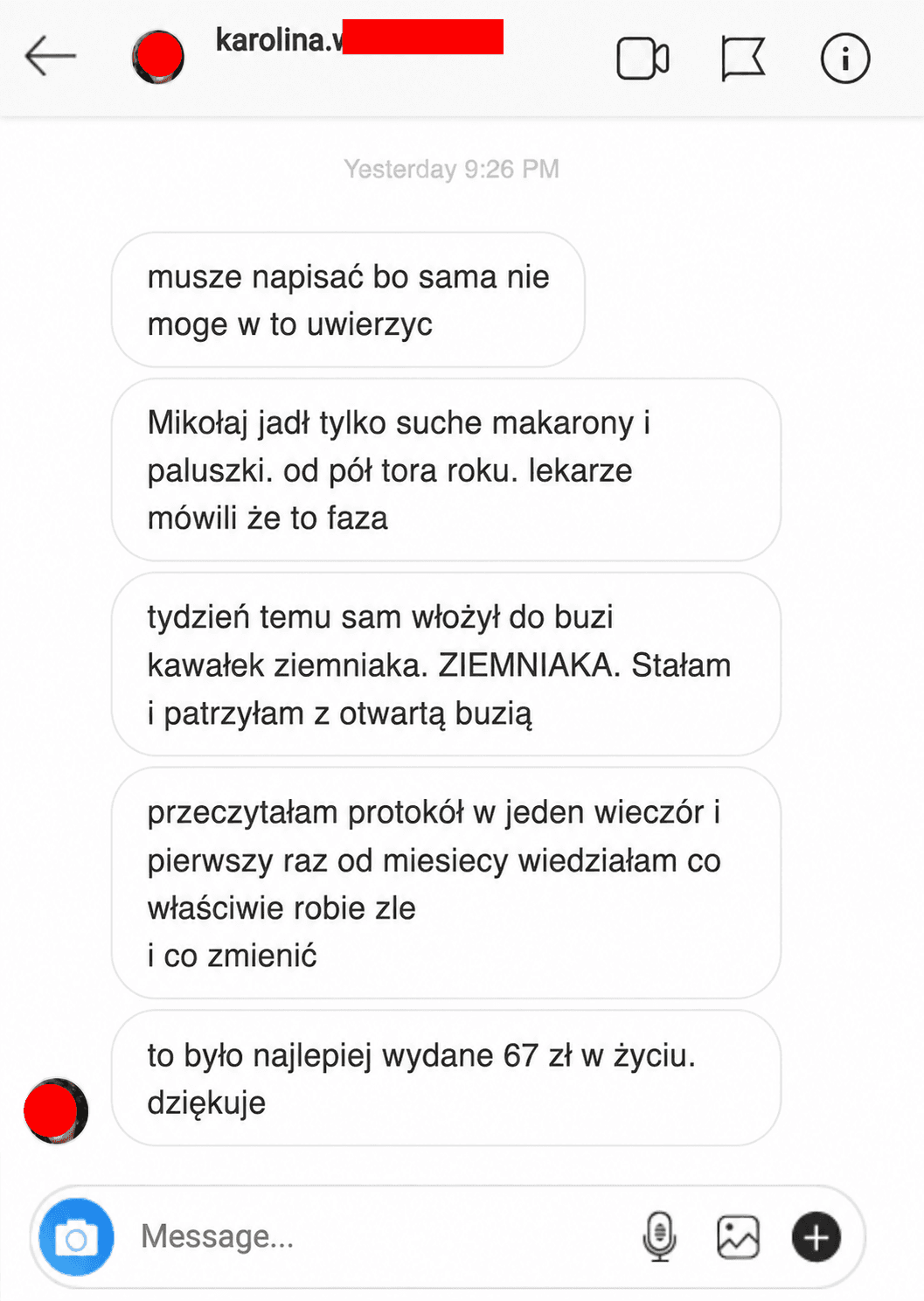 Wiadomość od karoliny — Mikołaj jadł tylko makarony i paluszki przez półtora roku, tydzień temu sam zjadł kawałek ziemniaka, najlepiej wydane 67 zł